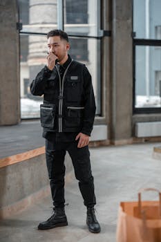 Security personnel communicating through radio in an industrial-style setting indoors.