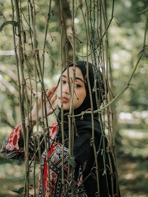 Free Woman in Black Hijab and Red Dress Standing Behind Tree Branches Stock Photo