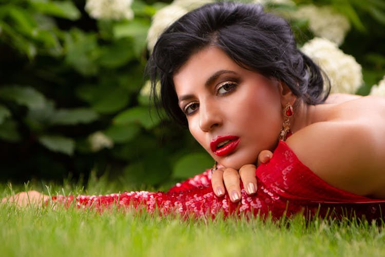 Close-up Of Beautiful Woman With Red Lipstick 