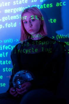 Young woman holding a disco ball with code projections on her face, blending creativity and technology.