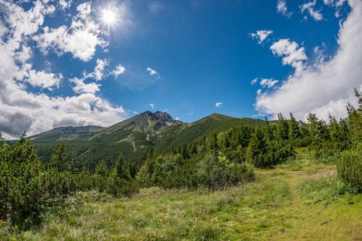Bright mountain landscape with lush greenery under a vibrant blue sky and sunlit clouds.