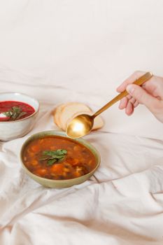 A cozy setup featuring solyanka and borscht soups with slices of bread, perfect for a hearty meal.