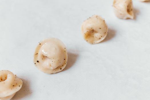 High-quality close-up image of traditional Russian pelmeni on a white background.