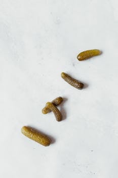 Arrangement of pickled cucumbers scattered on a white background, showcasing food presentation.
