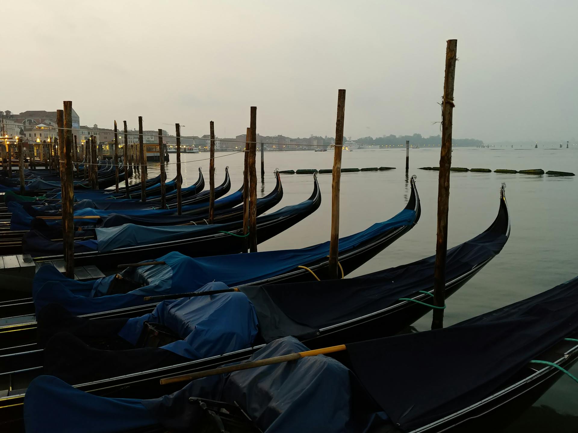 Serene view of gondolas moored at dawn in Venice, showcasing traditional Venetian transportation.