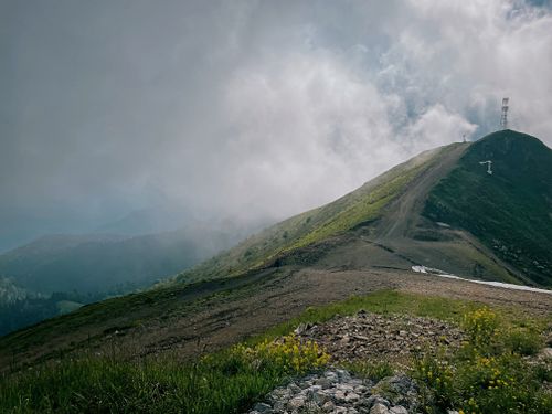 Free Breathtaking mountain view with mist and clouds in Krasnodarskiy Kray, Russia. Stock Photo