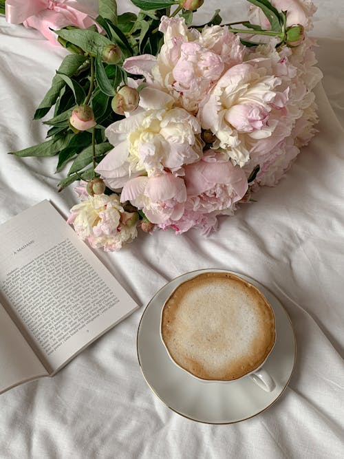 Pink Petals on the Cup of Coffee and Book · Free Stock Photo
