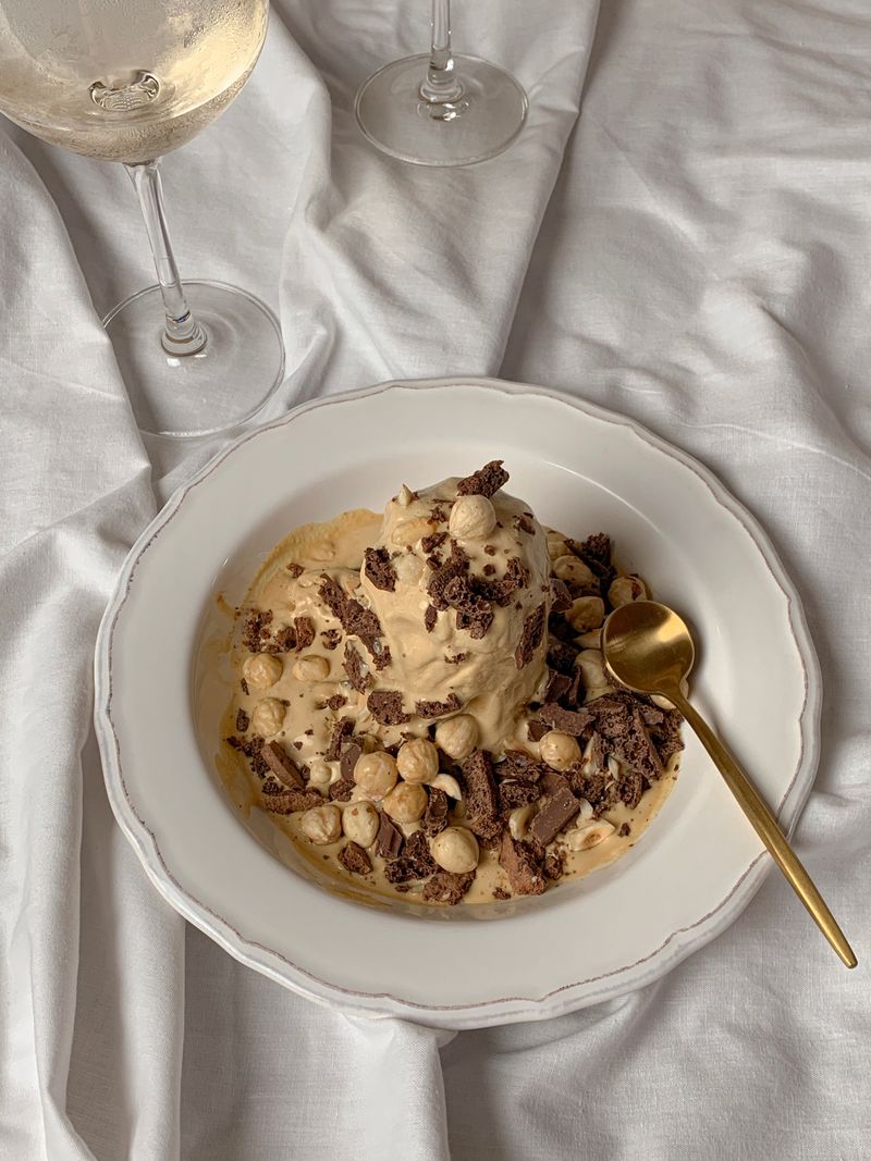 Hazelnut tartufo ice cream with chocolate and chopped hazelnuts