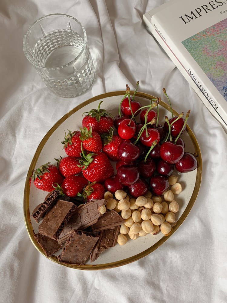 Strawberries And Cherries On White Ceramic Bowl