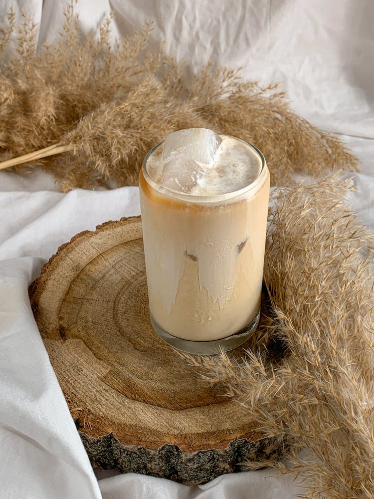 Coffee With Ice On Wooden Tray