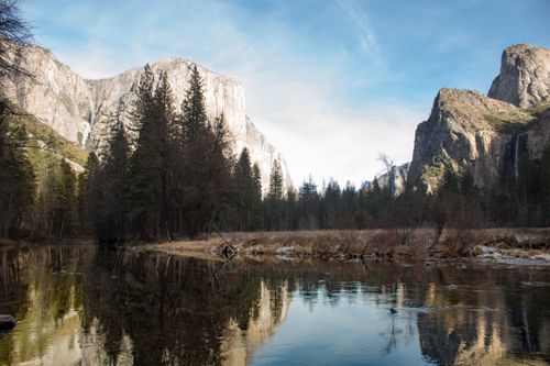 Free Stunning view of Yosemite Valley with El Capitan and morning reflections in the river. Stock Photo
