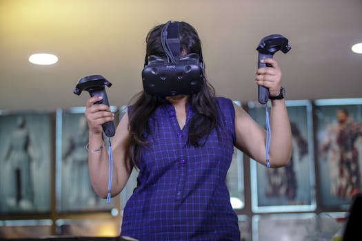 A woman using VR headset and controllers for an immersive gaming experience indoors.