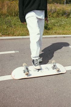 A person getting ready to skateboard on an open pavement, wearing casual attire.