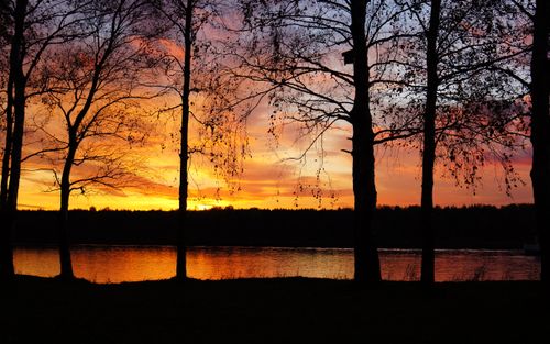 Free Beautiful sunset showcasing silhouettes of trees by the lake, casting vibrant reflections on the water. Stock Photo