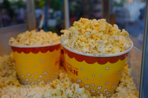 Free Popcorn in Buckets at the Cinema  Stock Photo