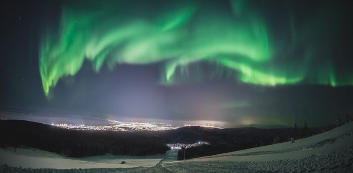 Capturing the mesmerizing aurora borealis illuminating the night sky over snowy Kandalaksha, Russia.