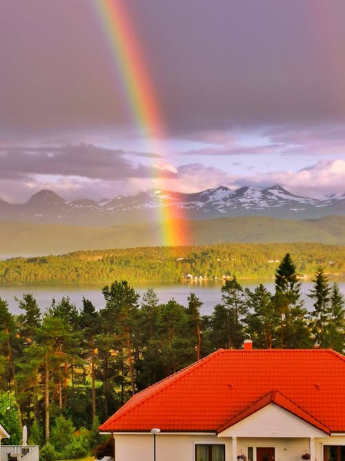 Rainbow Over the Lake Near the House with Trees