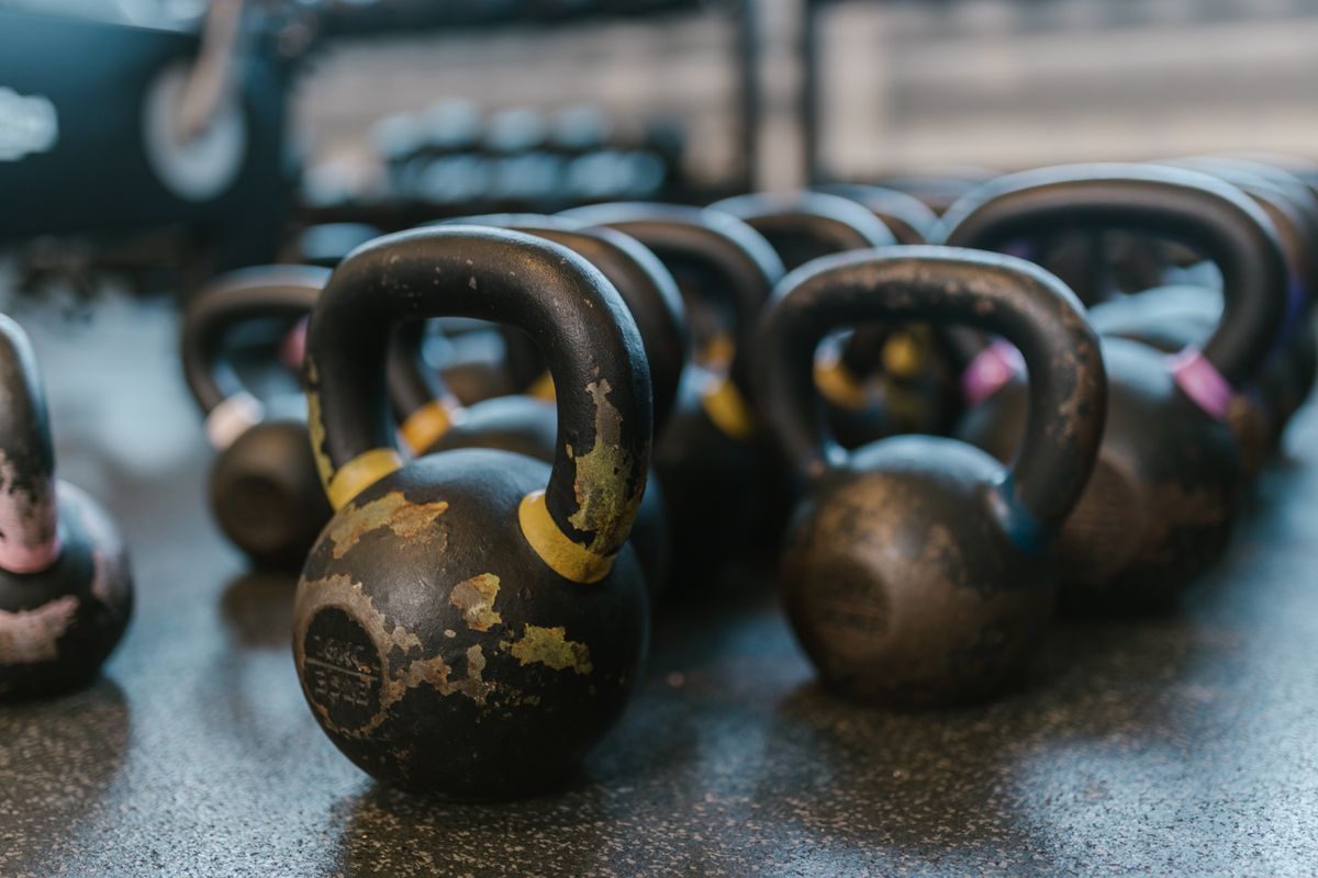 Cast-iron kettlebells in low light
