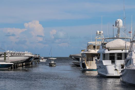 Scenic view of luxurious yachts at a marina in Miami on a sunny day.