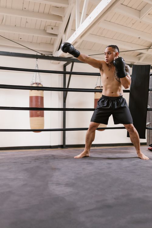 Free Adult male boxer practicing punches in an indoor boxing gym. Stock Photo