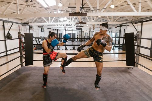 Free Mixed martial artists sparring intensely in a boxing ring, showcasing skills and athleticism. Stock Photo