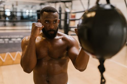 Free A determined boxer training indoors with a focus on technique and strength. Stock Photo