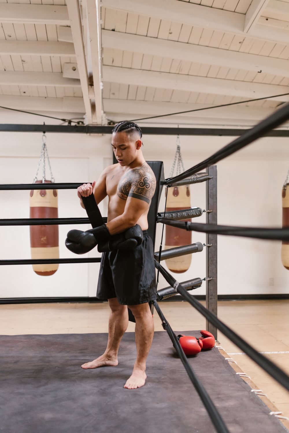 Boxeador colocando as luvas antes de um treino em uma academia