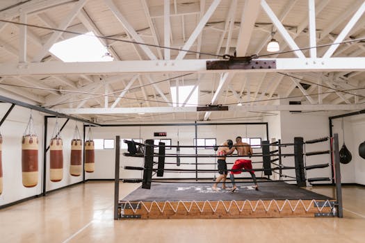Boxers sparring in a well-lit gym, showcasing intense training and athleticism.