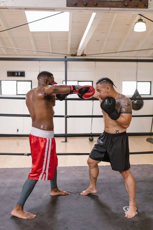 Free Two men sparring in a boxing ring during an intense training session indoors. Stock Photo