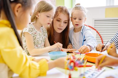 Children painting with watercolors in a workshop