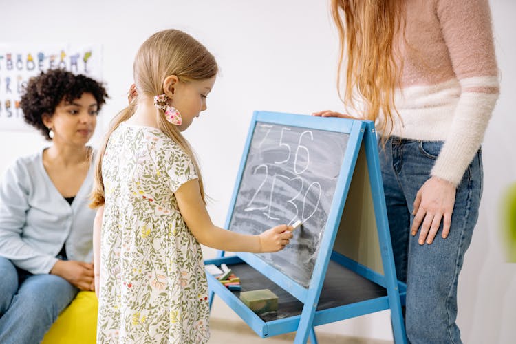 Girl In Floral Dress Writing Numbers On Blackboard