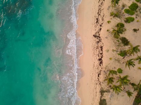 A captivating aerial view of a tropical beach with lush greenery and turquoise waters.