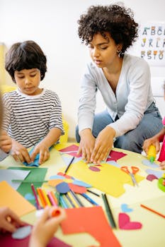 Children and teacher engaging in creative arts and crafts activities indoors.