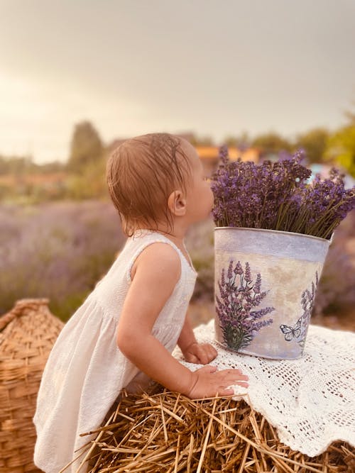 Free Girl Smelling Purple Flowers in a Bucket Stock Photo