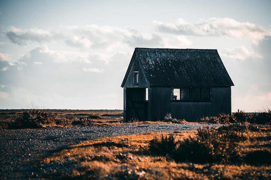 A solitary rustic cabin in a remote countryside setting under a cloudy sky.
