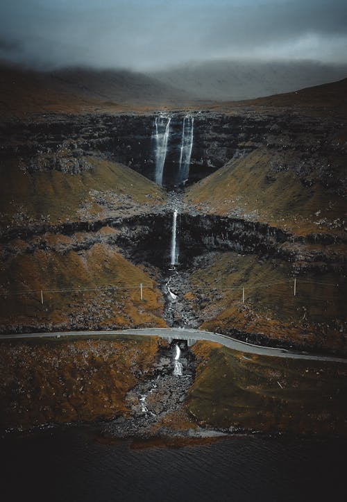 Aerial View of the Fossa Waterfall on Island Bordoy in the Faroe Islands