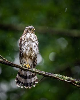 A wet hawk sits on a tree branch against a blurred green background, capturing nature's raw beauty.