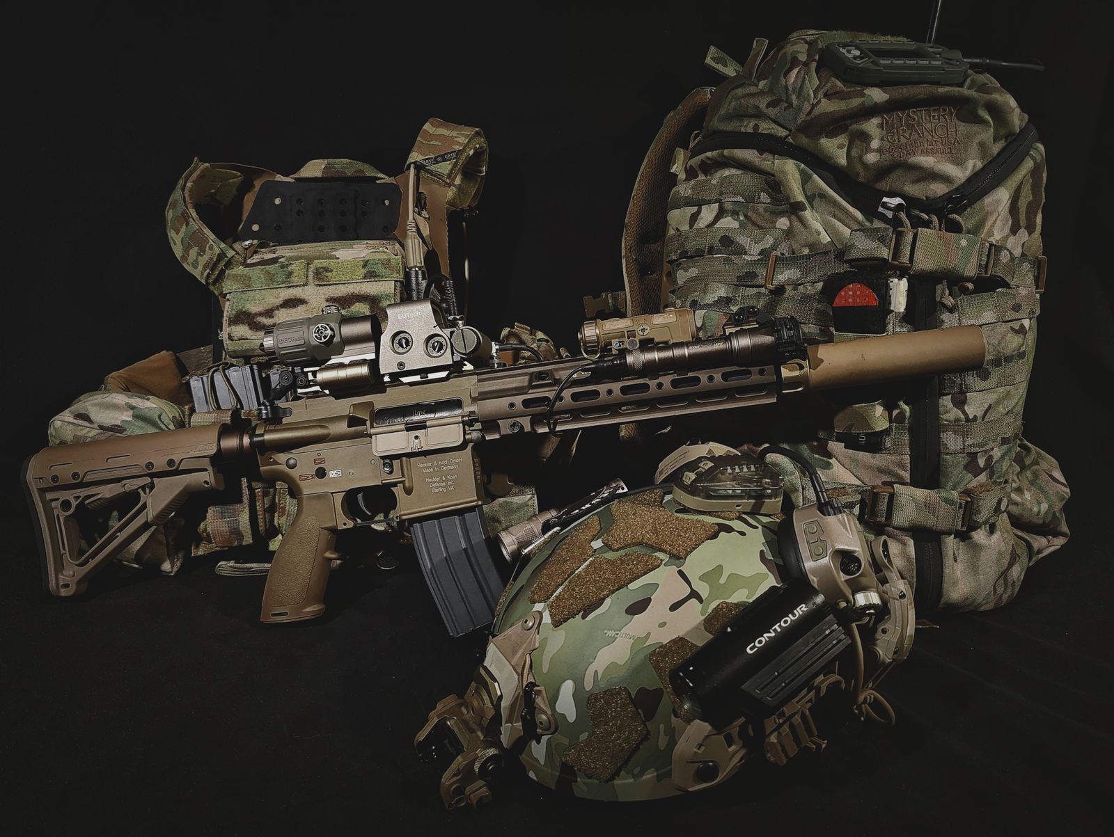 Tactical gear laid out for inspection, including a camouflage backpack, helmet, and rifle, representing a sourced tactical equipment programme.