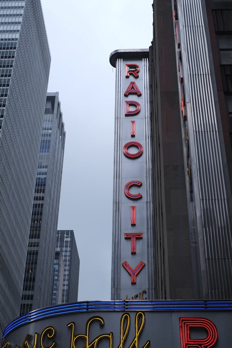 Low Angle Shot Of Radio City Signage In New York City