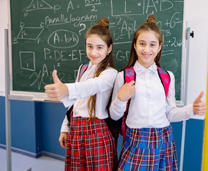 Two cheerful schoolgirls in uniforms giving thumbs up in front of a chalkboard filled with math equations.