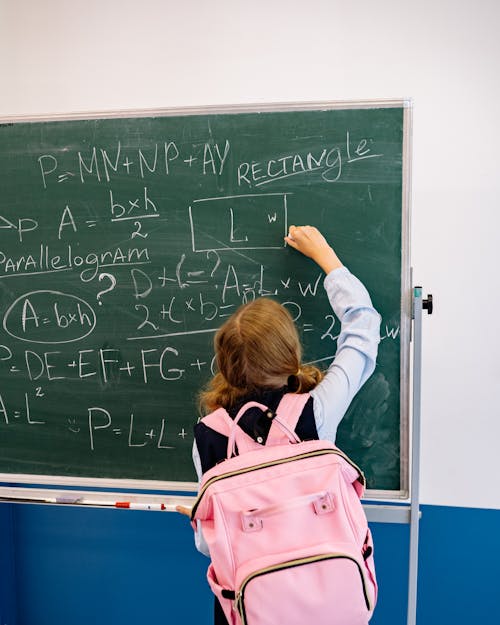 Free Woman in Pink and Black Jacket Standing in Front of Chalk Board Stock Photo