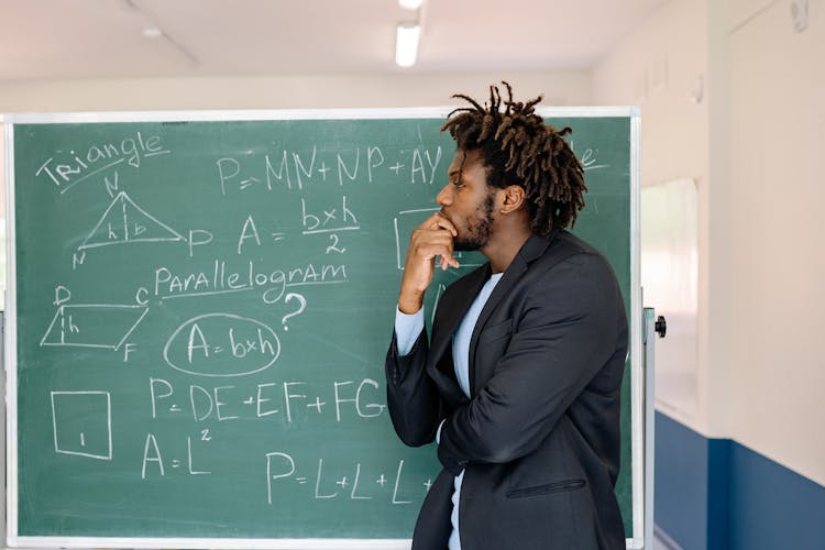 A Teacher In Black Coat Contemplating By The Blackboard