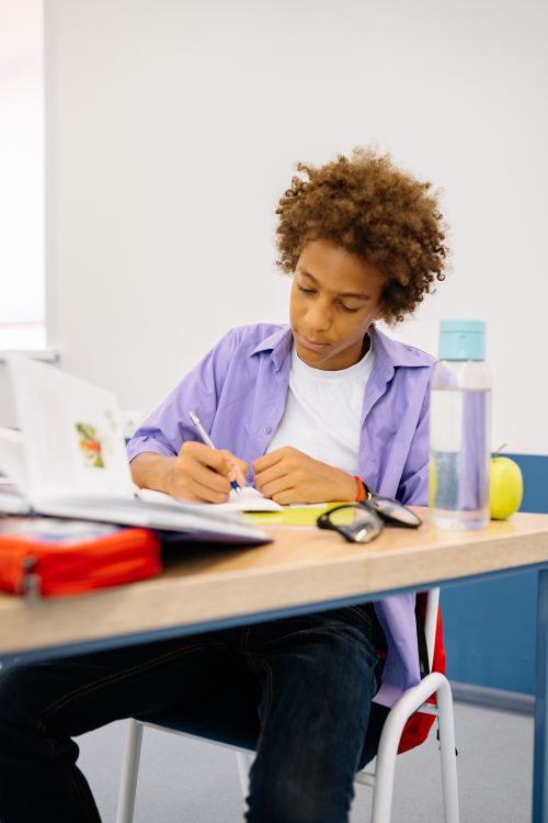 Free Teenage boy focused on studying at a desk in a classroom, surrounded by books and materials. Stock Photo