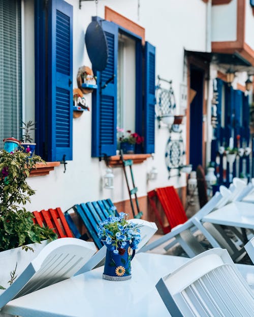 Exterior of cozy terrace of cafe with white chairs and tables with flowers in vase on daytime