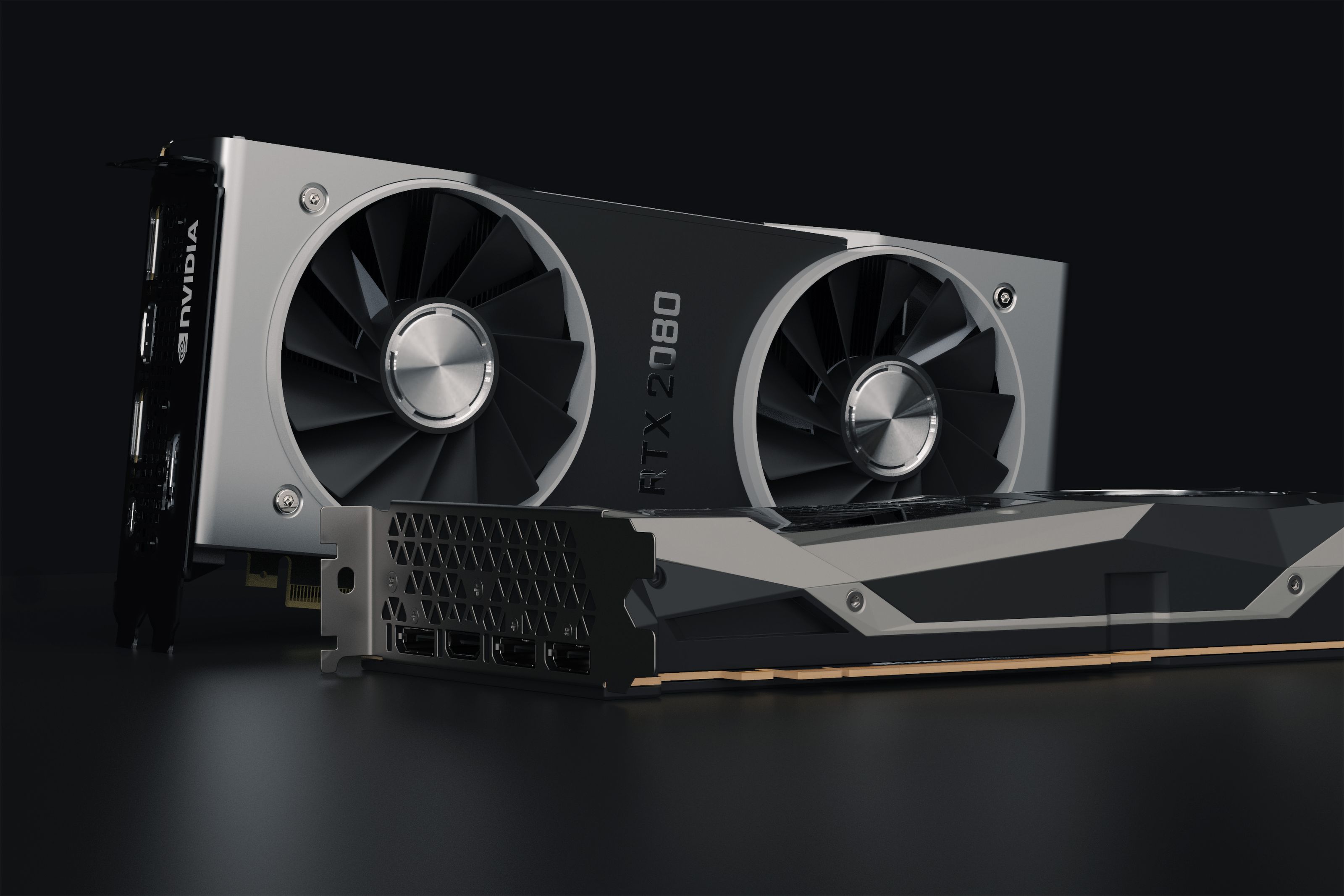Detailed close-up image of NVIDIA RTX 2080 graphics card showcasing hardware components.