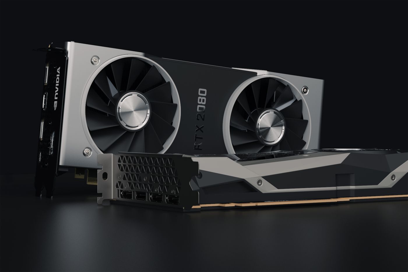 Detailed close-up image of NVIDIA RTX 2080 graphics card showcasing hardware components.