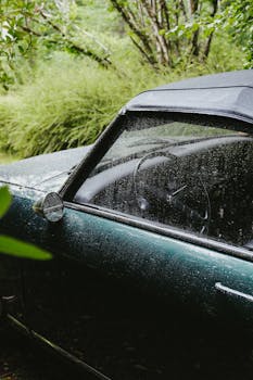 A detailed image of a vintage car covered in raindrops parked outdoors in a lush French landscape.