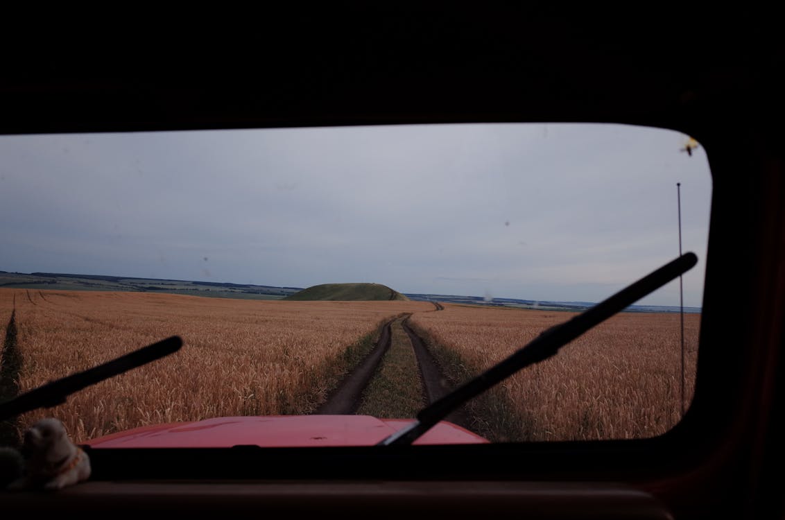 A View From Car Window of a Brown Field Under White Sky