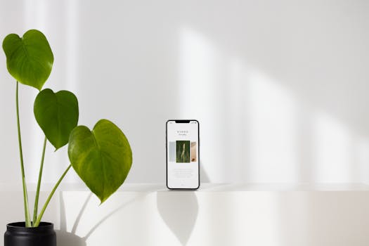 A smartphone stands next to a Monstera plant on a white surface, highlighting minimalism and technology.