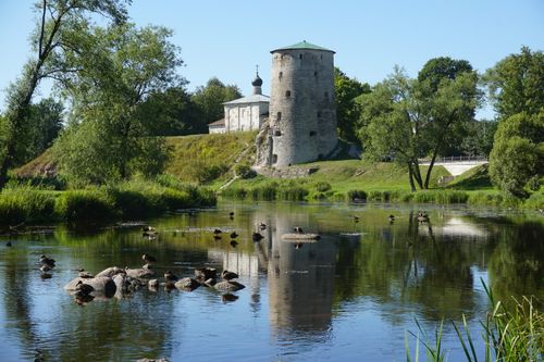 Free Scenic view of the Gremyachaya Tower and river in Pskov, Russia. Stock Photo